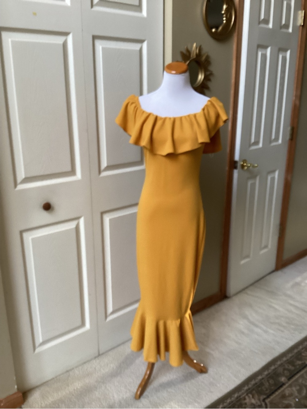 Fashion Nova Mustard Yellow Off-Shoulder Ruffle Midi Dress